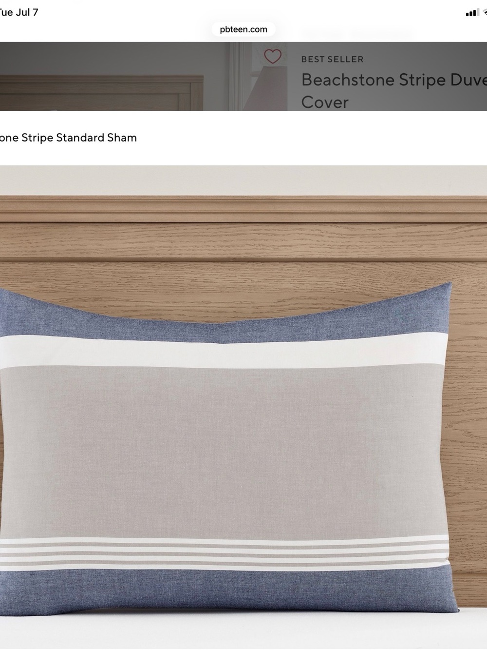 PB Teen Beachstone Stripe Standard Sham | Navy Gray Ivory | 100% Cotton